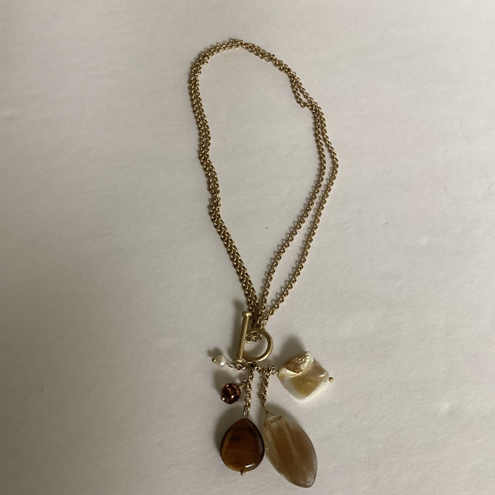 Lia Sophia Necklace Gold Tone Double Chain Tigers Eye Front Toggle Vintage Charm